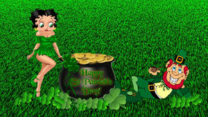 Betty Boop 和一個小妖精帶著一罐黃金在三葉草田裡。