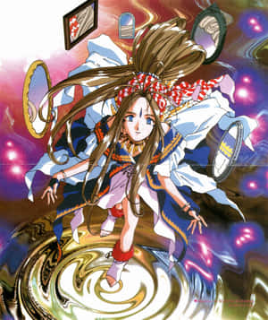 長髮和紅色蝴蝶結的動漫女孩，跳過旋轉宇宙漩渦，周圍有浮動鏡子。 — Motorola Razr Ultra 2026 壁紙