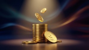 一堆金幣，更多金幣在聚光燈下漂浮在深色抽象背景上。