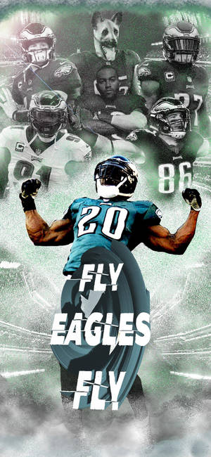 費城老鷹隊美式足球球員動作姿勢，附有「Fly Eagles Fly」文字。