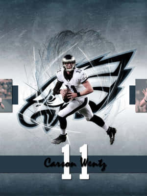 足球運動員 Carson Wentz 身穿老鷹隊球衣傳球。