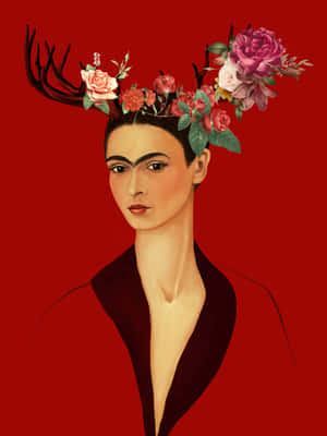 紅色背景上，一位頭戴花卉鹿角的女性肖像。 — 墨西哥 GIF 壁紙