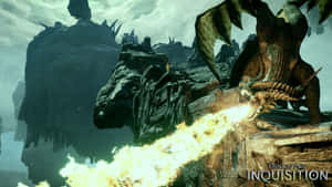 龍在暴風雨的天空中於浮石上噴火。 — 火龍 壁紙