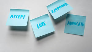 三張藍色便利貼，上面有文字 accept love empower advocate，在白色表面上。