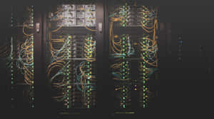 在黑暗的數據中心中，帶有發光燈光和纏繞電纜的伺服器機架。