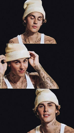 Justin Bieber 以三個姿勢戴著奶油色無邊帽，紋身清晰可見。