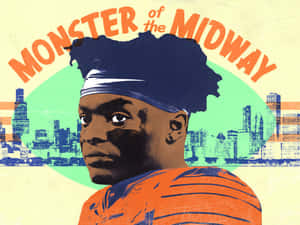 穿著橙色球衣的足球運動員，城市天際線和文字 Monster of the Midway。