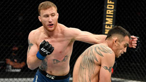 兩名MMA拳手在UFC八角籠內搏鬥，紋身清晰可見。