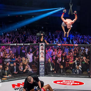 MMA拳手倒掛在八角籠天花板上慶祝勝利，對手則敗倒在地。