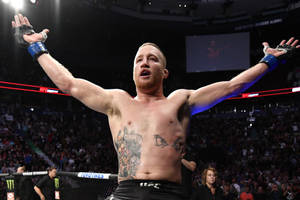 MMA拳手在UFC八角籠中高舉雙臂慶祝勝利。