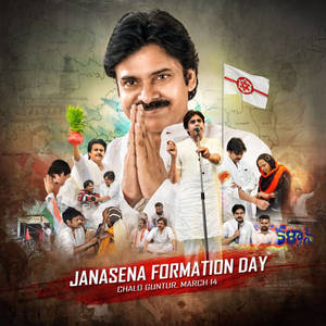 Janasena Formation Day 的政治活動海報，展示一位白衣男子和支持者。