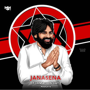 白恤衫男人微笑合十雙手，背後有紅色星形標誌及文字Janasena Formation Day March 14。