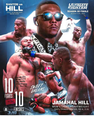 UFC拳手Jamahal Hill在The Ultimate Fighter第30季決賽的宣傳海報中慶祝他的10勝0負戰績。
