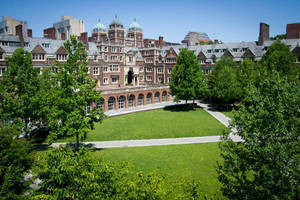 歷史悠久的大學校園，擁有磚造建築和綠草地，在明亮的陽光下。