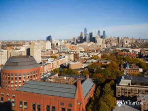 Wharton School 校園在晴朗的日子裡，有秋樹和費城天際線。