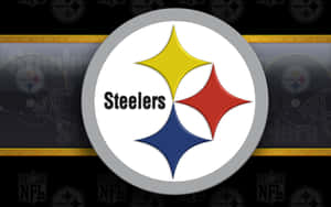 匹茲堡鋼人隊NFL美式足球隊標誌，帶有星爆設計和頭盔水印背景。