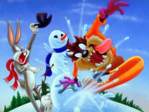 賓尼兔和塔斯在雪地中爭奪雪人。 — 動畫 壁紙