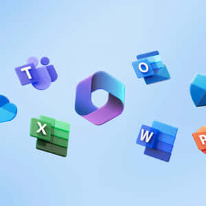 浮動的 Microsoft 365 應用程式圖標，包括 Teams、Excel、Word 和 Outlook。
