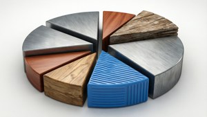 由金屬、木材和橡膠切片製成的3D渲染圓形圖表。