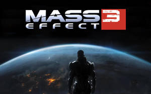 裝甲剪影人物從太空看著發光的星球，帶有 'Mass Effect 3' 標誌。 — 質量效應 壁紙