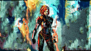一名穿著未來主義盔甲的女兵在色彩繽紛的抽象環境中。