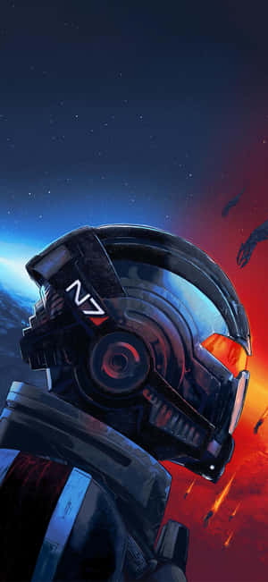 N7戰士頭盔特寫，背景為紅藍宇宙星空。