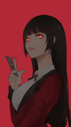 動漫女孩，紅色發光眼睛，穿著紅色服裝拿著刀。 — 古勒比加 壁紙
