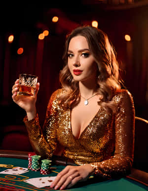金色連衣裙女士在賭場撲克桌旁手持威士忌杯，有籌碼和牌