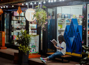 年輕女性晚上在書店外的長椅上閱讀