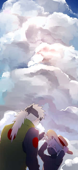 兩個動漫角色仰望柔和雲朵和陽光的天空。