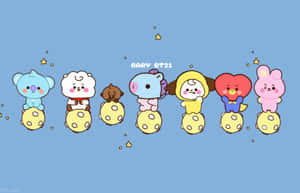 七個BT21嬰兒角色坐在星空藍天下的月亮上。
