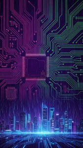 在黑暗天空下，帶有發光電路圖案和數碼雨的未来城市天際線。