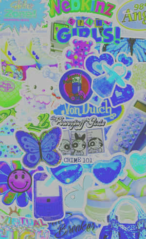 色彩繽紛的2000年代貼紙拼貼，包含Hello Kitty、飛天小女警和閃粉設計。 — Galaxy Tab A 壁紙