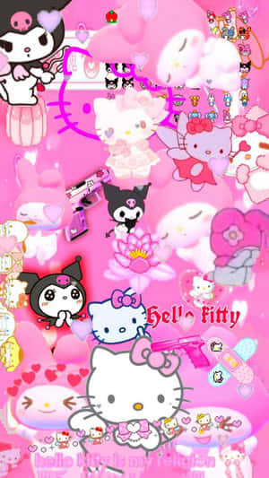 Hello Kitty 和 Kuromi 角色在粉紅色可愛拼貼畫中，配有心形和花朵。 — Hello kitty 美學 GIF 壁紙