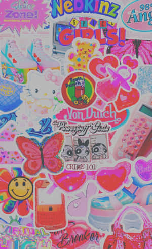 色彩繽紛的90年代貼紙拼貼，包含Hello Kitty、飛天小女警和螢光粉紅飾品。 — Galaxy Tab A11 壁紙