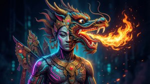 龍頭 cyberpunk 戰士喺夜晚嘅霓虹城市噴火