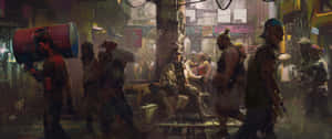 霓虹燈下，雨中人們的 cyberpunk 街道