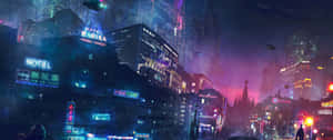 未來城市夜景，霓虹燈和飛行車輛在雨中。