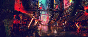夜晚霓虹燈閃爍的科幻小巷，帶有雨水倒影和高聳建築物。