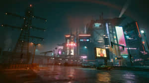 未來主義的城市夜景，霓虹燈和雨濕的街道。