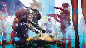 身穿盔甲的 Cyberpunk 士兵在熱帶城市中治療倒下的戰友。