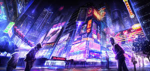 霓虹燈照亮的未來城市夜景，人們走在濕漉漉的街道上。