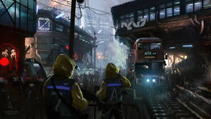 兩個身穿防護服的工人在下雨的未來城市車站，靠近一輛雙層巴士。
