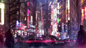 未來主義的城市街道，夜晚有霓虹燈、雨水和發光的汽車。