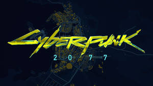 Cyberpunk 2077 標誌，在未來城市地圖上帶有發光的黃色文字。 — 凌志標誌 GIF 壁紙