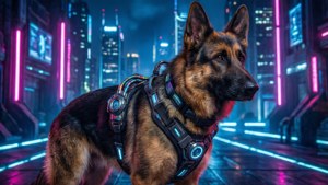 德國牧羊犬在霓虹城市夜晚穿著發光科技安全帶 — 科幻 壁紙