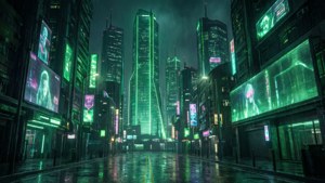 一條未來主義的城市街道，夜晚有霓虹燈和雨水在潮濕的路面上反射。