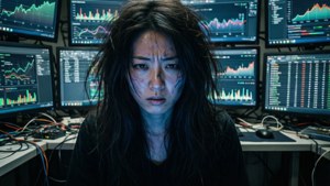 一個疲倦的女人在黑暗的科技辦公室裡盯著多個顯示器上的金融圖表。