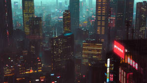 雨夜城市景觀，有發光的霓虹燈招牌和高樓大廈。
