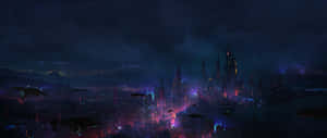 未來城市夜景，霓虹燈閃爍，飛行車輛穿梭。